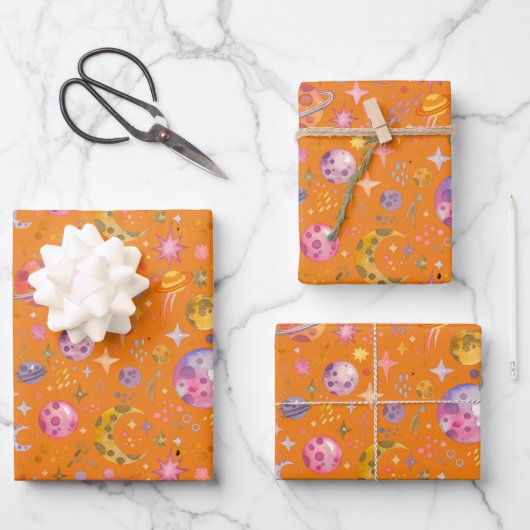 Orangefarbenes Geschenk für Kinder im Weltraum Geschenkpapier Set (Vorderseite)