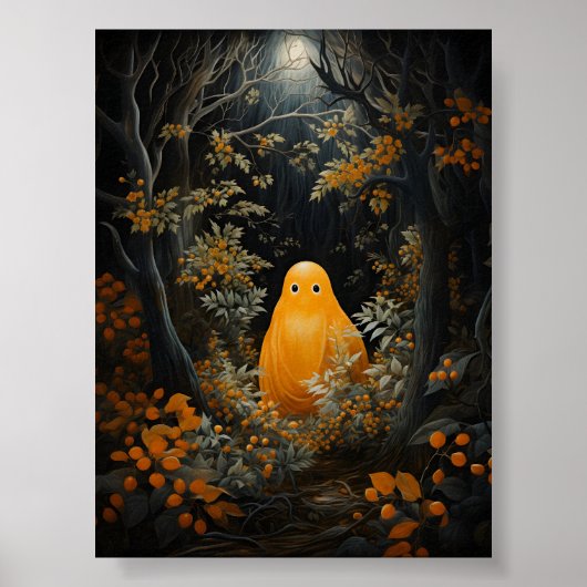 Orangefarbenes Gespenst im Dunkeln unter Bäumen Poster (Vorne)