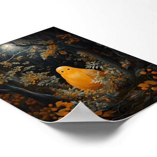 Orangefarbenes Gespenst im Dunkeln unter Bäumen Poster (Ecke)