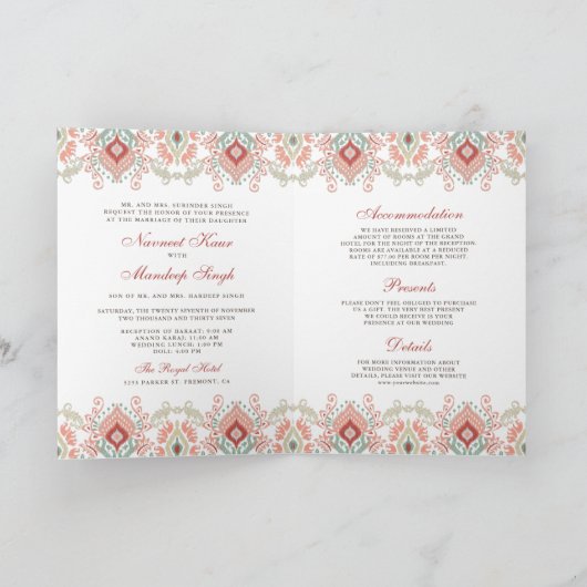 Orangefarbenes grünes Muster in einer Sikh-Hochzei Einladung (Innenseite)