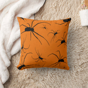 Orangefarbenes Halloween-Muster, Schwarze Spider Kissen