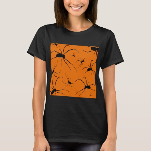 Orangefarbenes Halloween-Muster, Schwarze Spider T T-Shirt (Vorderseite)