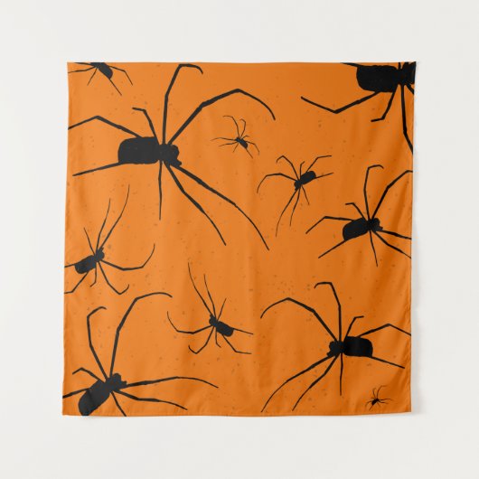 Orangefarbenes Halloween-Muster, Schwarze Spider Wandteppich (Vorderseite)