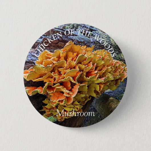 Orangefarbenes Huhn im Wald Pilz Button (Vorderseite)