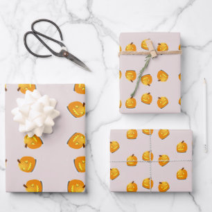 Orangefarbenes Kürbiskopfmuster Geschenkpapier Set