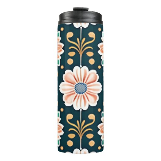 Orangefarbenes Muster auf schwarzem Hintergrund Thermosbecher (Vorderseite)