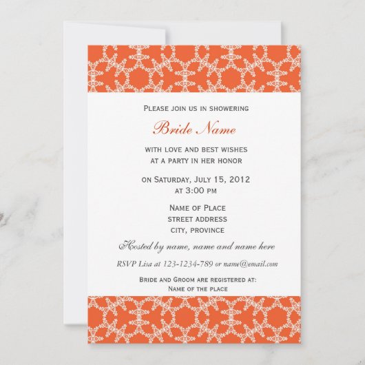 Orangefarbenes Muster Braudusche Einladung. Einladung (Vorderseite)