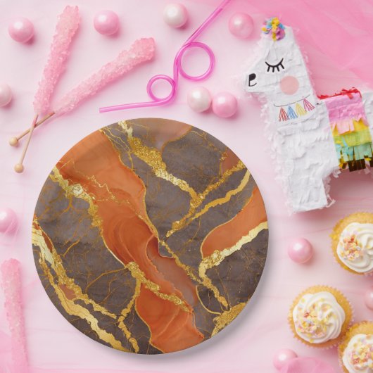 Orangefarbenes Muster mit Gold Pappteller (Party)