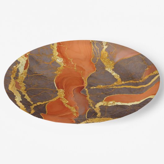 Orangefarbenes Muster mit Gold Pappteller (Schrägansicht)