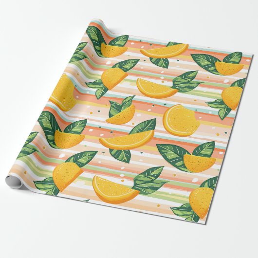 Orangefarbenes Muster mit grünen Blätter auf Paste Geschenkpapier (Ungerollt)
