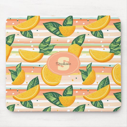 Orangefarbenes Muster mit grünen Blätter auf Paste Mousepad (Vorne)