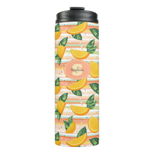 Orangefarbenes Muster mit grünen Blätter auf Paste Thermosbecher
