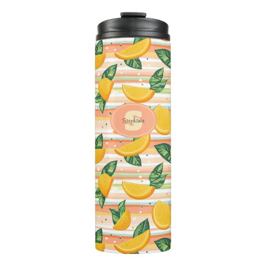 Orangefarbenes Muster mit grünen Blätter auf Paste Thermosbecher (Vorderseite)