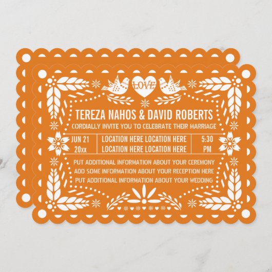 Orangefarbenes Papel Picado liebt Vögel Fest Hochz Einladung (Vorne/Hinten)