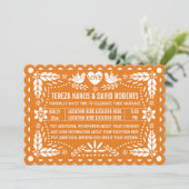 Orangefarbenes Papel Picado liebt Vögel Fest Hochz Einladung (Stehend Vorderseite)