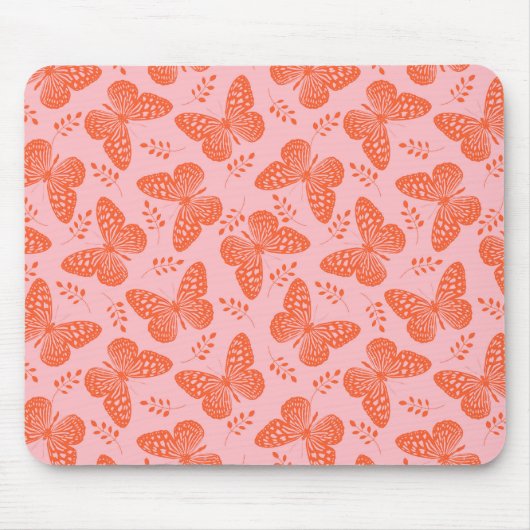 Orangefarbenes Schmetterlingsmuster im rosa Hinter Mousepad (Vorne)
