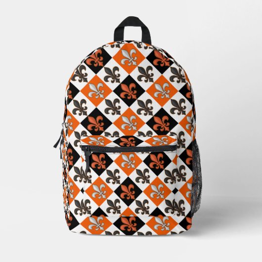 Orangefarbenes Schwarz-weißes Fleur-de-lis-Design Bedruckter Rucksack (Vorderseite)