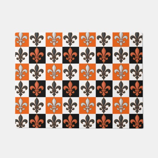 Orangefarbenes Schwarz-weißes Fleur-de-lis-Design Fußmatte (Vorderseite)