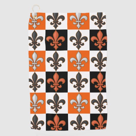 Orangefarbenes Schwarz-weißes Fleur-de-lis-Design Golfhandtuch (Vorderseite)