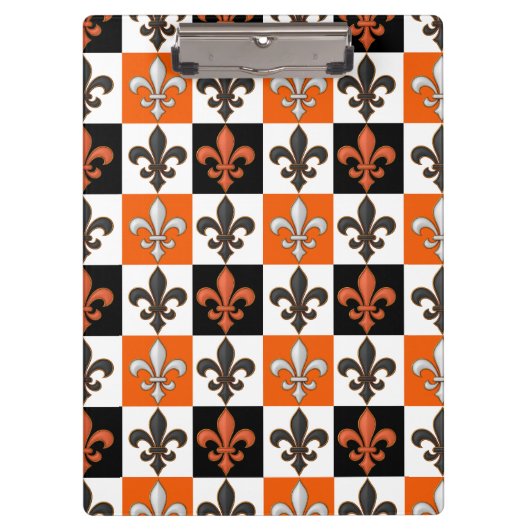 Orangefarbenes Schwarz-weißes Fleur-de-lis-Design Klemmbrett (Vorderseite)