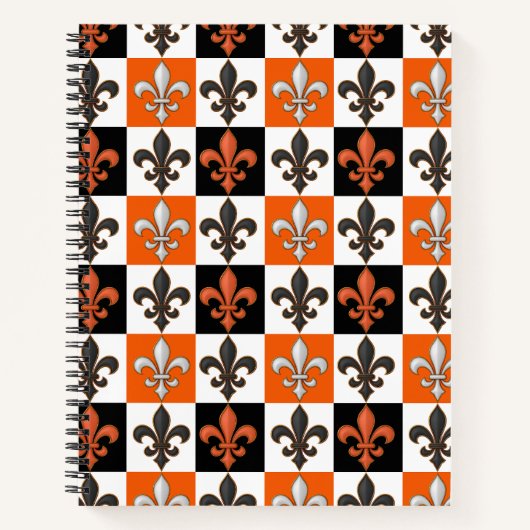 Orangefarbenes Schwarz-weißes Fleur-de-lis-Design Notizblock (Vorderseite)