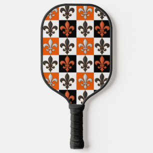 Orangefarbenes Schwarz-weißes Fleur-de-lis-Design Pickleball Schläger