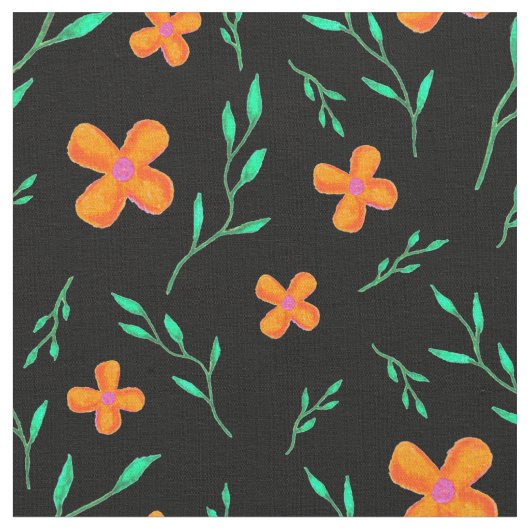 Orangefarbenes Schwarzes Blume Blumenmuster Stoff (Nahaufnahme)