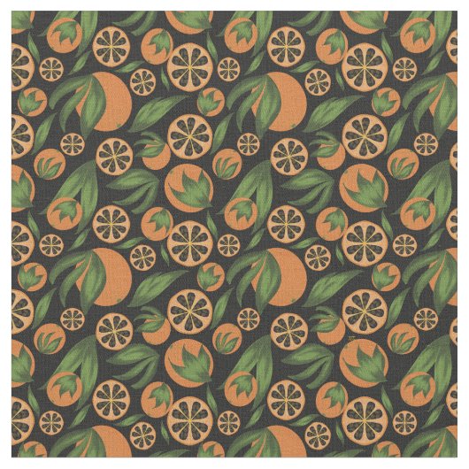 Orangefarbenes schwarzes Fruchtmuster Stoff (Nahaufnahme)