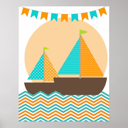 Orangefarbenes und Aquamarines Nauschiff Kinderzim Poster (Vorne)