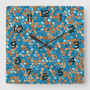 Orangefarbenes und blaues Abstraktes Muster Quadratische Wanduhr