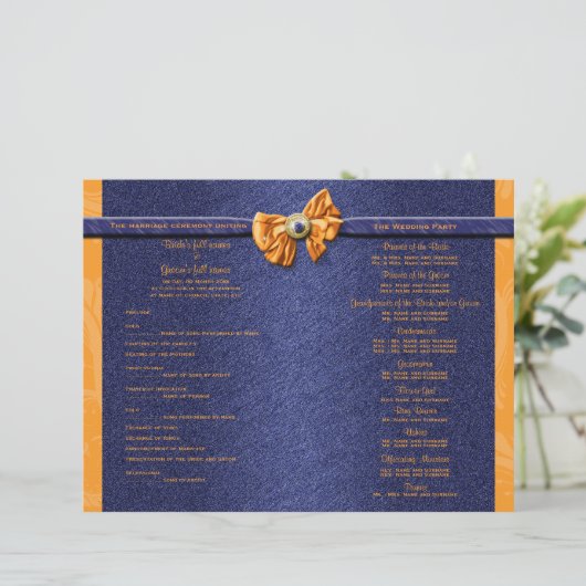 Orangefarbenes und blaues Hochzeitsprogramm (Stehend Vorderseite)