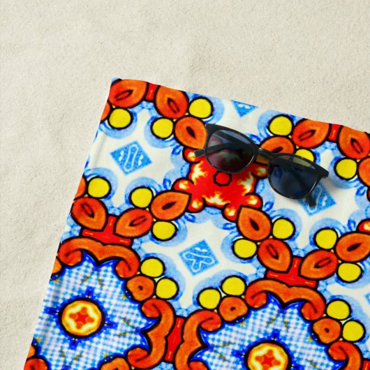 Orangefarbenes und blaues Retrotidenmuster Strandtuch (Beispiel)