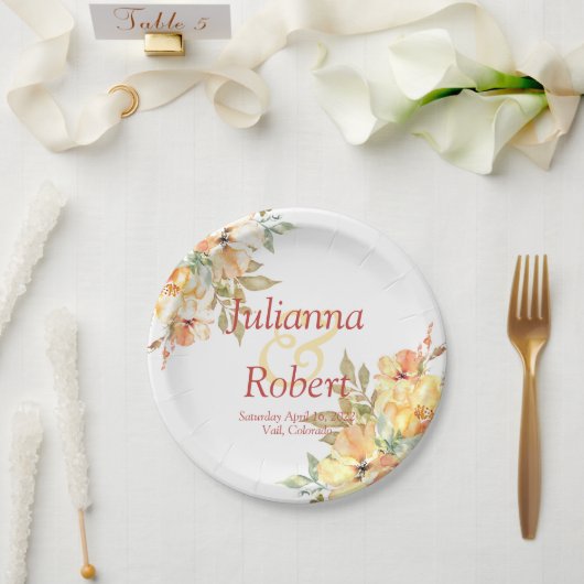 Orangefarbenes und gelbes Hochzeitspapier Pappteller (Hochzeit)