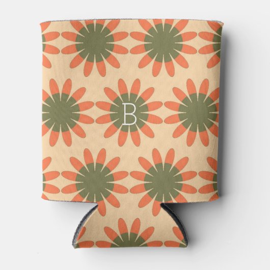 Orangefarbenes und grünes Retro-Blume-Muster Dosenkühler (Vorderseite)