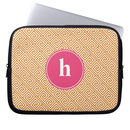 Orangefarbenes und Hot-Pink-griechisches Schlüssel Laptopschutzhülle (Vorderseite)