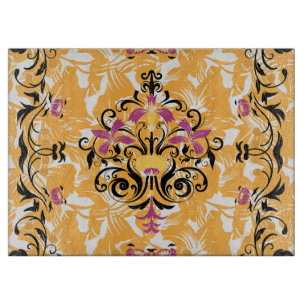 Orangefarbenes und schwarzes grafisches Design, la Schneidebrett