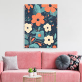 Orangefarbenes und weißes Blumenmuster auf blauem Leinwanddruck (Insitu (Wohnzimmer))