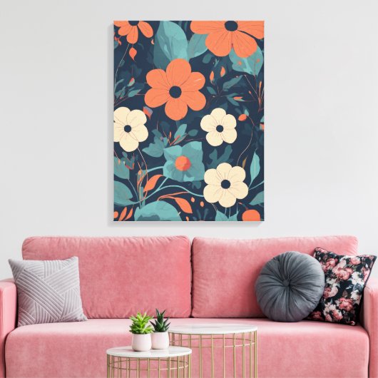 Orangefarbenes und weißes Blumenmuster auf blauem  Leinwanddruck (Insitu (Wohnzimmer))
