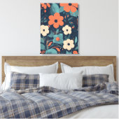 Orangefarbenes und weißes Blumenmuster auf blauem Leinwanddruck (Insitu (Schlafzimmer))