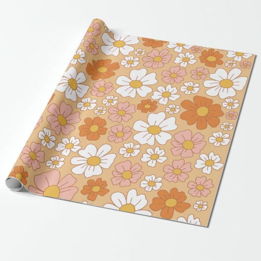 Orangefarbenes und weißes Blumenpapier Geschenkpapier (Ungerollt)