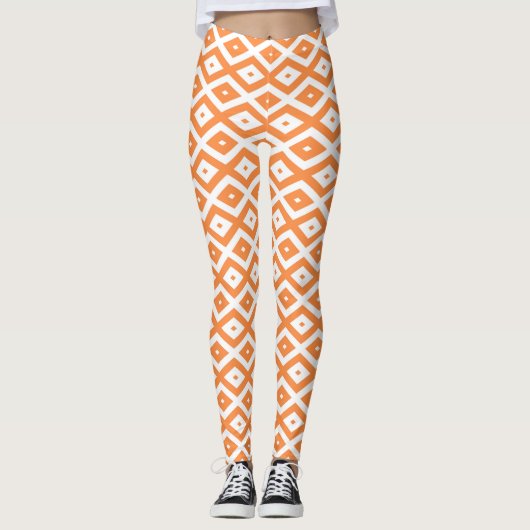 Orangefarbenes und weißes Diamantmuster Leggings (Vorderseite)
