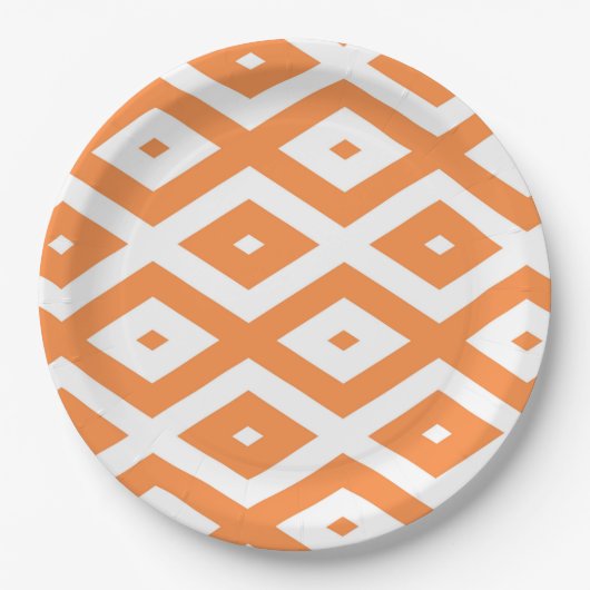 Orangefarbenes und weißes Diamantmuster Pappteller (Vorderseite)