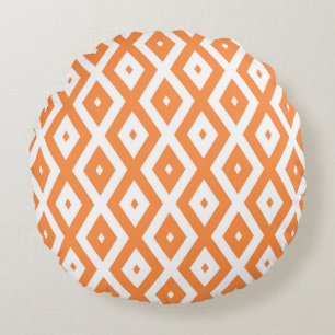 Orangefarbenes und weißes Diamantmuster Rundes Kissen