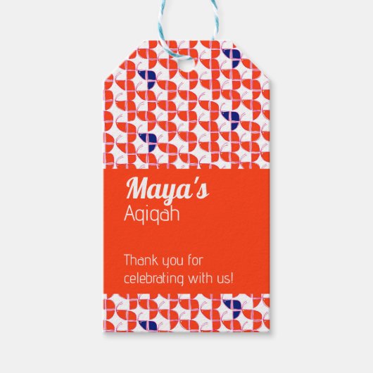 Orangefarbenes weißes Muster, Aqiqah Babydusche Geschenkanhänger (Vorderseite)