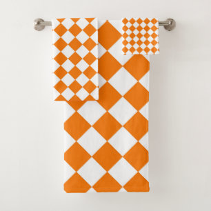 Orangefarbenes weißes Schachbrett Diamantmuster Badhandtuch Set