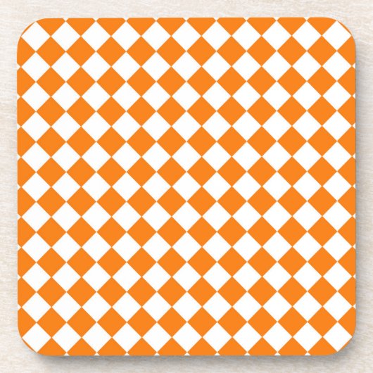 Orangefarbenes weißes Schachbrett Diamantmuster Getränkeuntersetzer (Vorderseite)