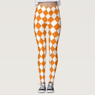Orangefarbenes weißes Schachbrett Diamantmuster Leggings
