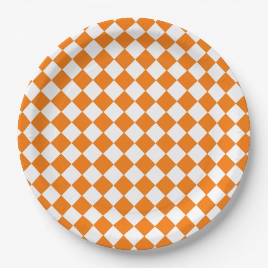 Orangefarbenes weißes Schachbrett Diamantmuster Pappteller (Vorderseite)