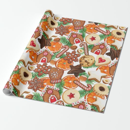 Orangefärbte Weihnachtskekse und Bonbons Geschenkpapier (Ungerollt)