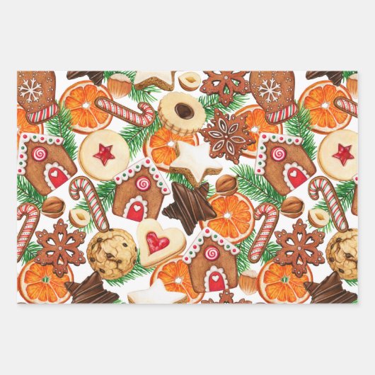 Orangefärbte Weihnachtskekse und Bonbons Geschenkpapier Set (Vorderseite)